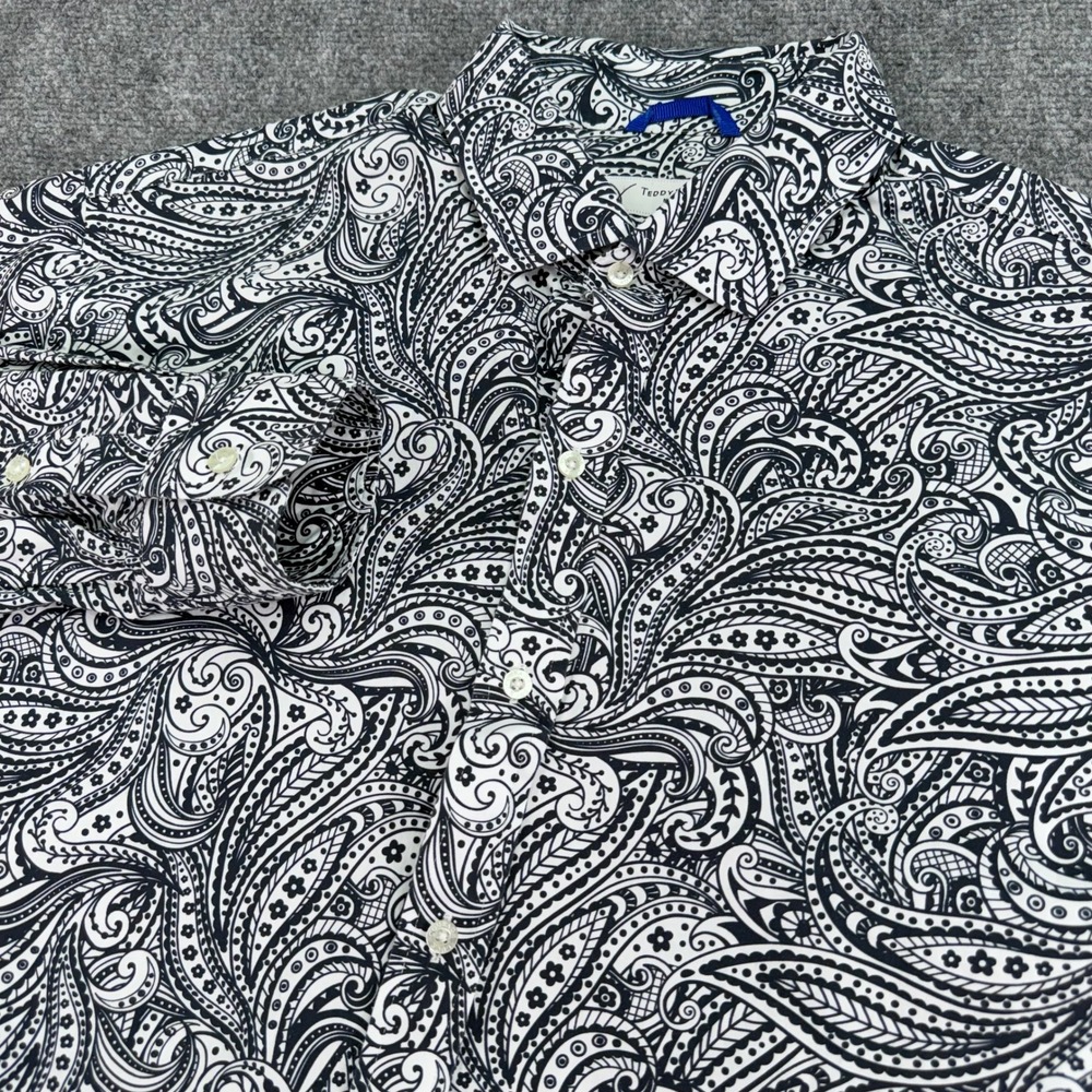 Teddy Stratford Mens Shirt Size‎ 6 XXL Black White Paisley Zip Fit Hidden Zipper
